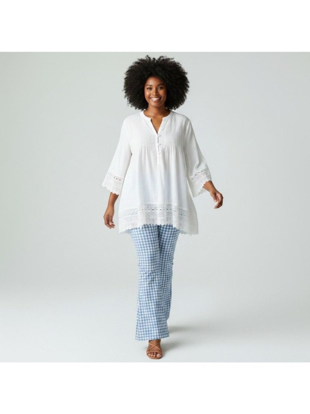 Ellos Babydoll Womens 2XL White Cotton Boho Tunic Blouse Top With Lace Trim Slee